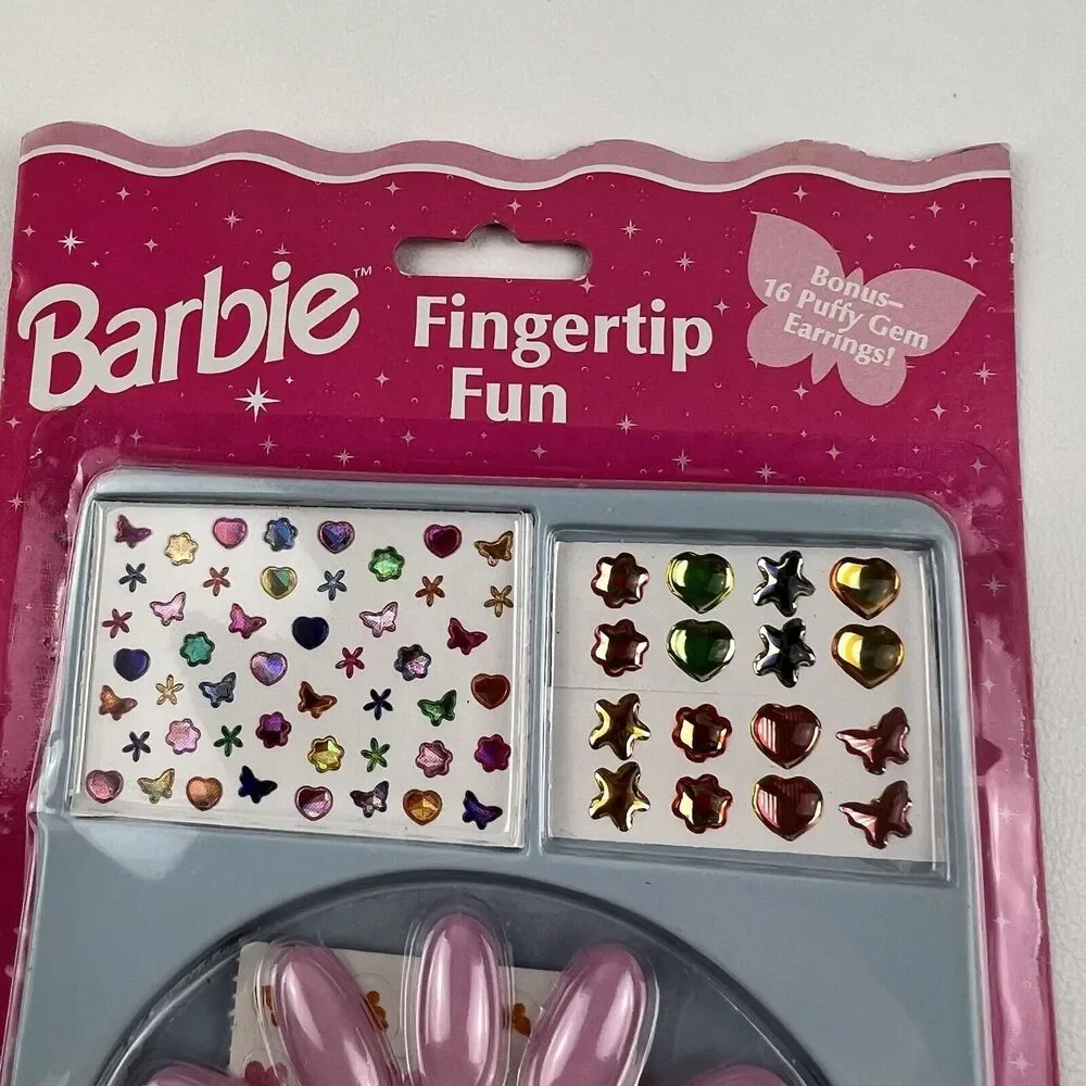 BARBIE Press On Nails Puff Earrings Fingertip Fun Millennial VTG 90s Mattel 1997